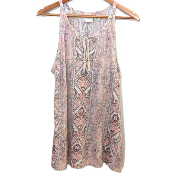 Rachel Zoe | 100% Linen Tassel Tank Top Pink & Beige Motif | Size Medium - Picture 7 of 11